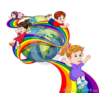 Kids sliding on rainbow in sky Vector Illustration