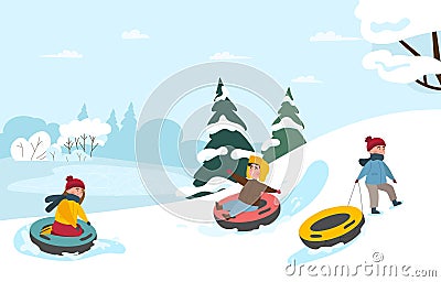 Kids sliding on tube and sledge Cartoon Illustration