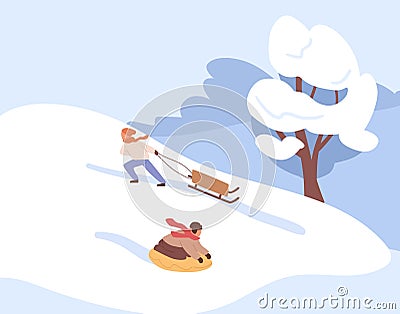 Kids sliding on tube and sledge down the hill on winter holiday. Children riding sleds on slope covered with snow in Vector Illustration