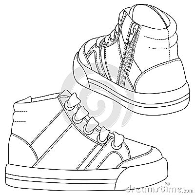 Kids Sneakers outline drawing. Boys Shoes fashion flat sketch template. Technical Athletic shoe Fashion Illustration. Black lines Vector Illustration