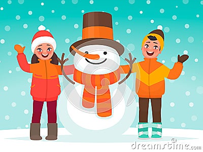 Kids and a snowman. Winter children`s fun Cartoon Illustration