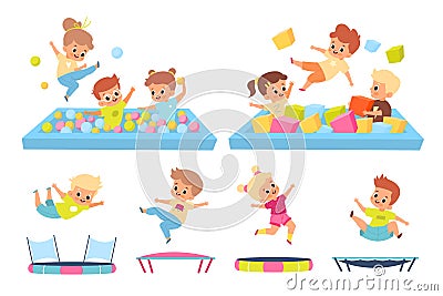 Kids in soft pool. Children jump on trampolines. Boys and girls in playroom. Babies have fun on playground. Young people Vector Illustration
