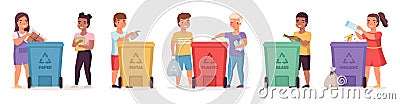 Kids sort garbage. Responsible boys and girls lay out trash by color containers, pollution protection and ecology care Vector Illustration