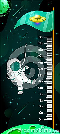 Kids space height chart. Cosmic wall meter with flying astronaut and fantasy planets. Vector template. Vector Illustration