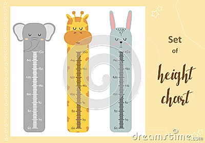 Kids space height chart. Cute wall meter with funny animals. Vector template. Cartoon zoo. Design of children`s products Vector Illustration