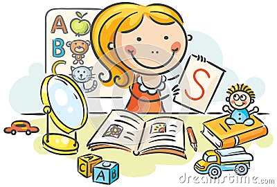 A kids speech therapist with toys, books, letters, mirror Vector Illustration