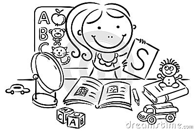 A kids speech therapist with toys, books, letters, mirror Vector Illustration