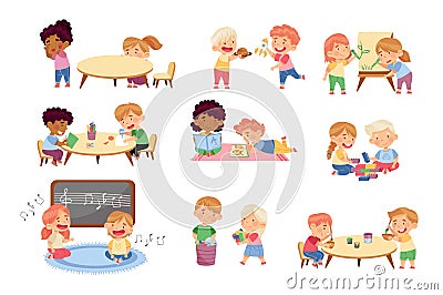 Kids Spending Time Together Playing Toys and Game in Kindergarden Vector Set Vector Illustration