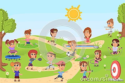 Kids sport activities in park. Sports child, healthy children on playground. Outdoor athletics play, cartoon girl Vector Illustration