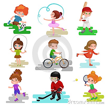 Kids sport, boy and girl playing active games vector Vector Illustration