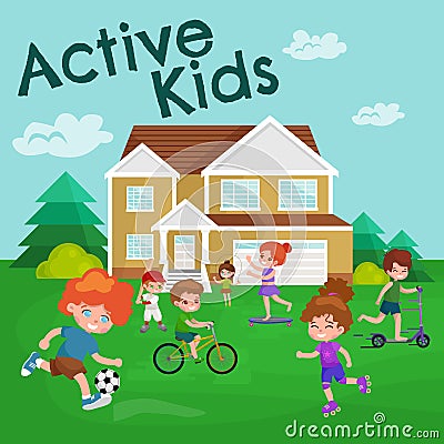 Kids sport, boy and girl playing active games vector Vector Illustration