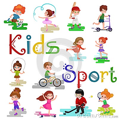 Kids sport, isolated boy and girl playing active games vector Vector Illustration