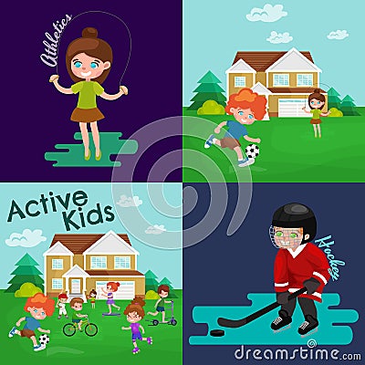 Kids sport, isolated boy and girl playing active games vector Vector Illustration