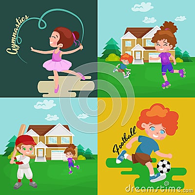 Kids sport, isolated boy and girl playing active games vector Vector Illustration