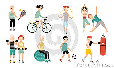 Kids sports activity collection. Exercising children set. Weightlifting, boxing, jumping rope, tennis, football, yoga Vector Illustration