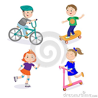 Kids Sports Characters. Cycle Racing, Skateboarding, Riding Vector Illustration