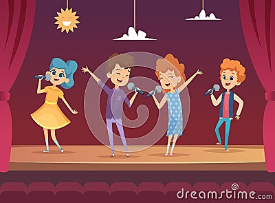 Kids stage. Children performance karaoke sing boys and girls vector backgrounds Vector Illustration