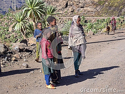 NORTH ETIOPA, APRIL 24th.2019, kids standing by the road in the mountains, April 24th. 2019, North, Ethiopia Editorial Stock Photo