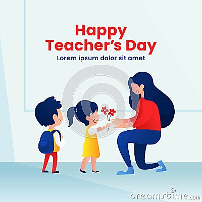 Kids student giving flower to her teacher flat illustration for happy teacher`s day background poster concept. Modern flat style Cartoon Illustration