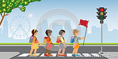 Kids students with backpack walking crossing road Vector Illustration