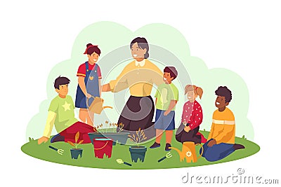 Kids study gardening in kindergarten vector banner Vector Illustration