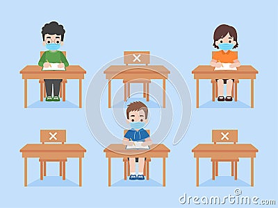 Kids studying education classes keep Social distancing Vector Illustration