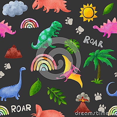 Kids style dinosaurs repeat pattern. Prehistoric fantastic dino, sun, palm trees, mountains. Watercolor seamless design Stock Photo