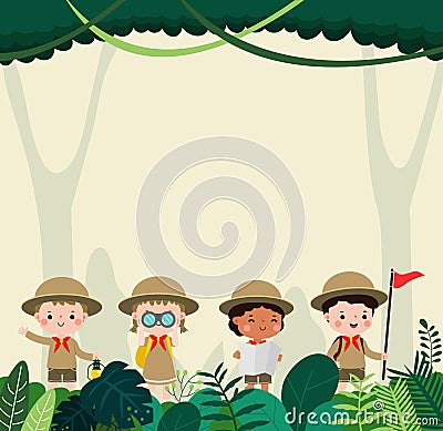 kids summer camp background education Banner Template,group of kids Scouts goes on a long walk in the forest Vector Illustration