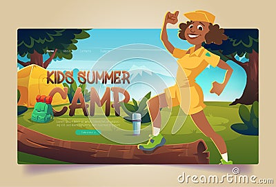 Kids summer camp cartoon landing with counselor Vector Illustration