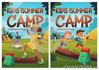 Kids summer camp cartoon posters, children hike Vector Illustration