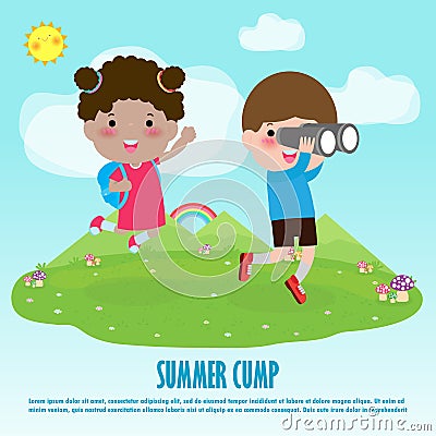 Kids summer camp education Template for advertising brochure, children doing activities on camping , poster flyer template Vector Illustration