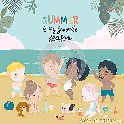 Kids sunbathing at the Sea at Summer Camp on Sea Beach Shores Stock Photo