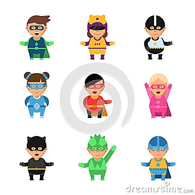 Kids superheroes. Cartoon 2d game characters of heroes in mask cute male and female sup brave comic vector mascots Vector Illustration