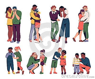 Kids support. Crying children and parental reassurance, moral friendly help, comforters with sad people, encouraging hugs, talk Vector Illustration