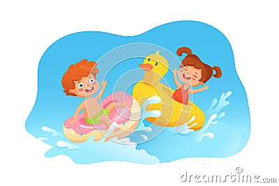 Kids swimming at sea flat vector illustration Vector Illustration