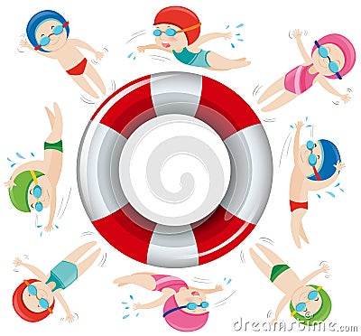 Kids in swimming suit around safety float Vector Illustration