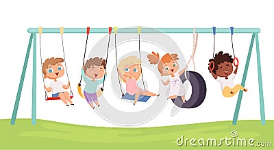 Kids swing. Children funny games rides on car tears rope fitness activities vector characters Vector Illustration