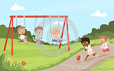 Kids swing rides. Outdoor happy walking and playing childrens nature camp vector cartoon background Vector Illustration