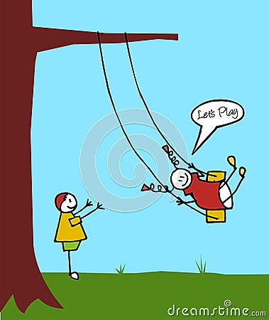 Kids swinging in the garden Vector Illustration