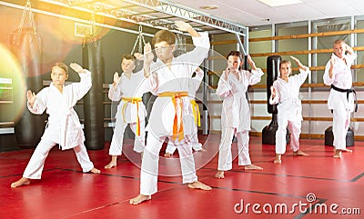 Kids at taekwondo workout, training attack movements Stock Photo