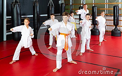 Kids at taekwondo workout, training attack movements Stock Photo