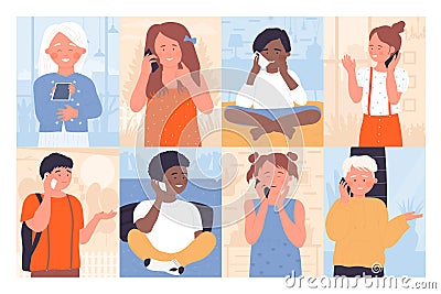 Kids talk phones set, little boy and girl call on telephone for conversation with friends Vector Illustration