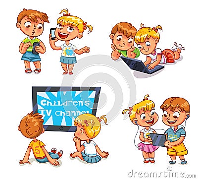 Children and technical progress. Funny cartoon character Vector Illustration