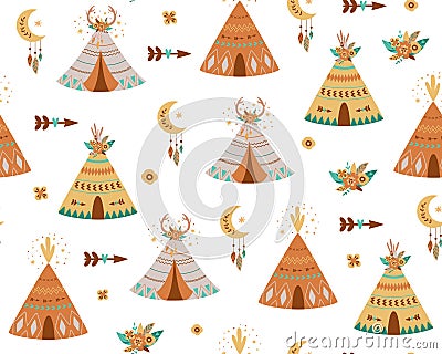 Kids teepee pattern. Adventure baby wigwam pattern. Cute boho background with tent, arrows, teepee wig wam, moon Cartoon Illustration