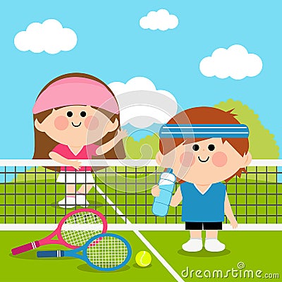 Children tennis players at the tennis court taking a break. Vector illustration Vector Illustration