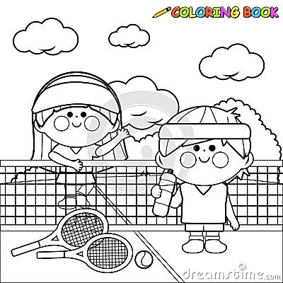 Children tennis players taking a break from the game. Vector black and white coloring page. Vector Illustration