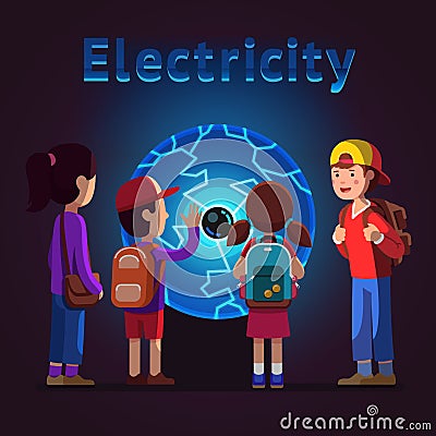Kids touching plasma ball at electricity museum Vector Illustration