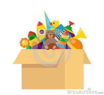 Kids toy box full of toys. Cubes, whirligig, duck, ball rattle, pyramid, pipe, bear, ball, rocket, tambourine, boat. Modern flat Cartoon Illustration