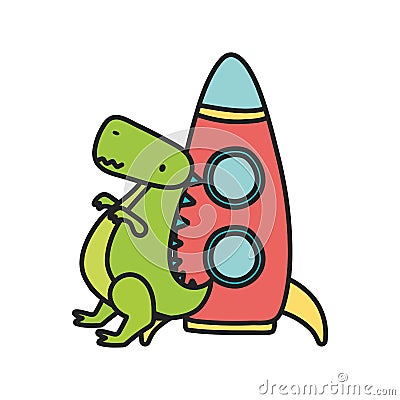 Kids toy, plastic rocket and green dinosaur toys Vector Illustration