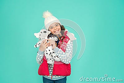 Kids toy shop or store. Winter style. Game and play. Childhood fun. Lovely baby smiling face. Playful child. Pets shop Stock Photo
